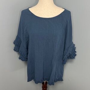 Umgee Women’s Blue Linen Blend Ruffle Sleeve Oversized Top Sz L